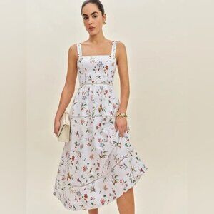 NEW Reformation Everett Linen Midi Dress Corsini White Multi Floral | US 0 UK 4